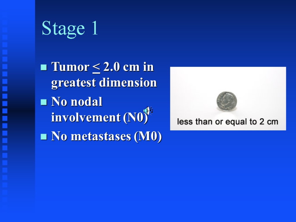 Stage 1 Tumor < 2.0 cm in greatest dimension No nodal involvement (N0) No